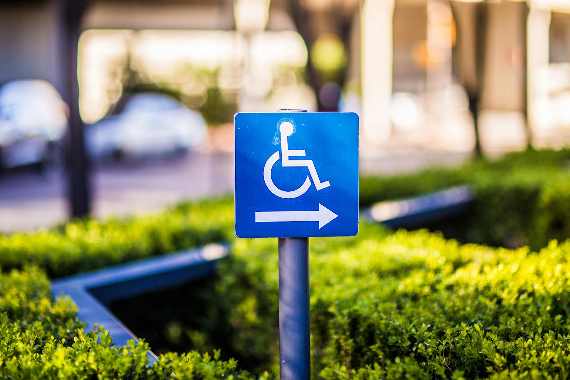 Niebieski znak kierunkowy do parkingu dla osób z niepełnosprawnością